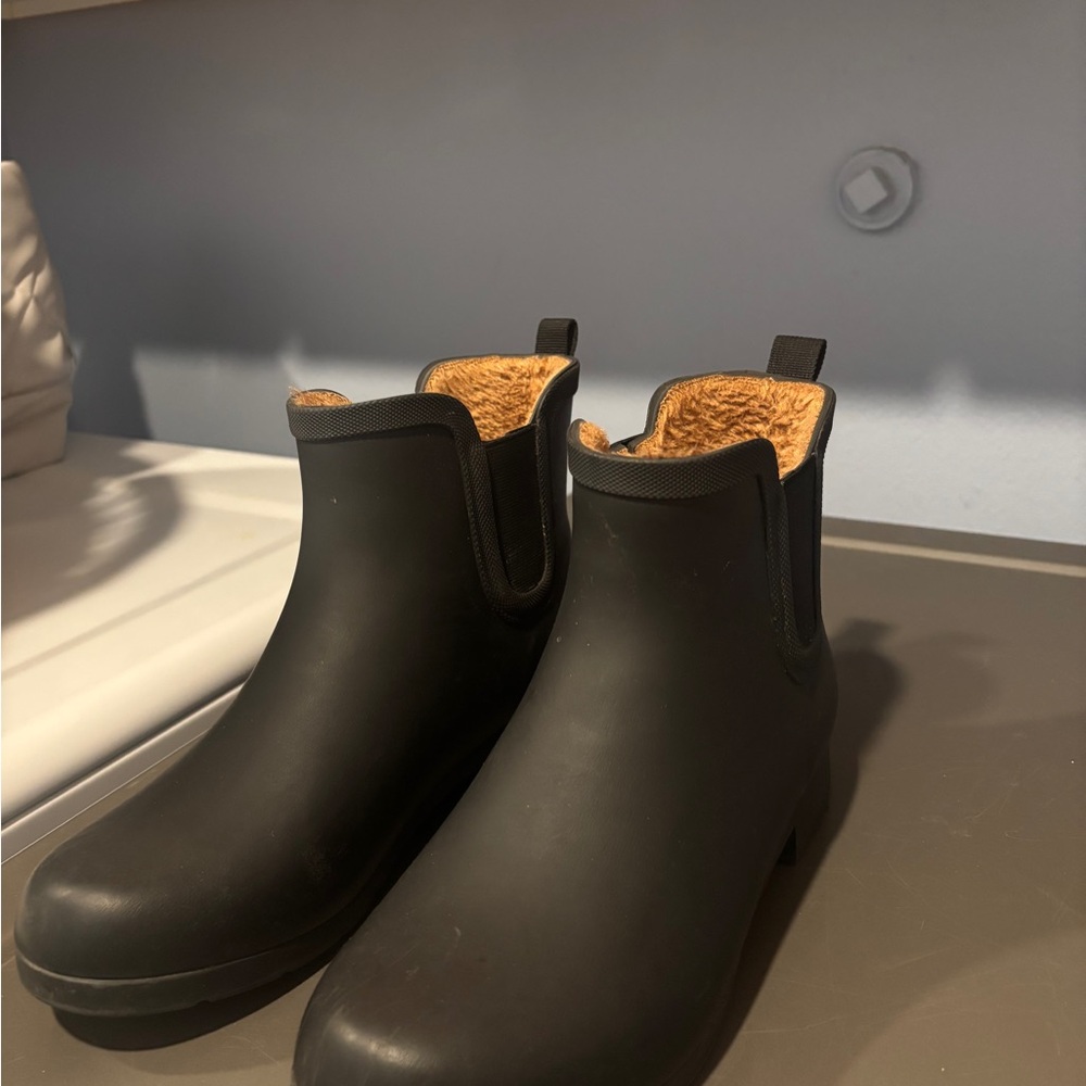 Black Ankle Rain Boots with Tan Lining